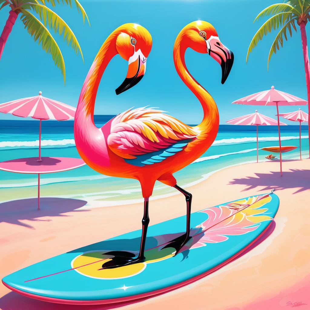 Whimsical Flamingo Surfing on a Beach