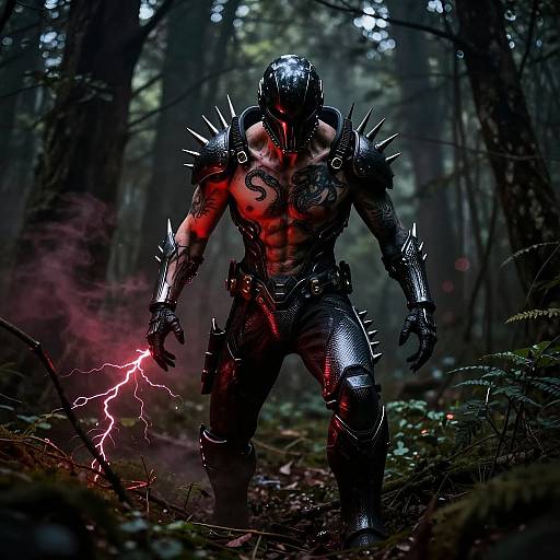 Futuristic Warrior in Ominous Forest