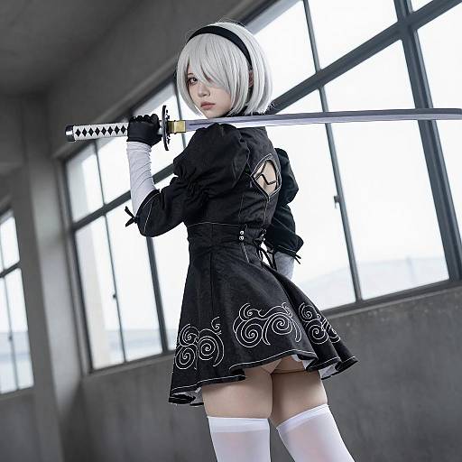 Cosplay Woman with Katana Sword in Industrial Setting