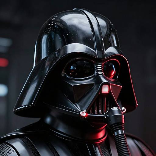 Photorealistic close-up of Darth Vader's glossy black helmet and mask with red lights, dark background, and futuristic sci-fi lighting effects.