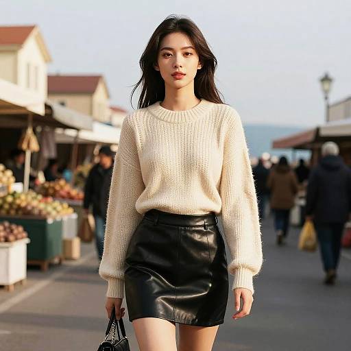 Photograph of an Asian woman with long black hair, wearing a cream knit sweater and black leather skirt, walking confidently in a bustling outdoor market.