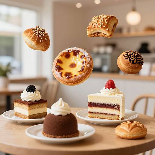 Photograph of floating pastries above a wooden table with various desserts, including cake slices, a raspberry-topped slice, and a chocolate dome, in