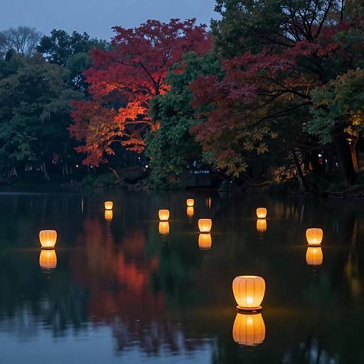 Photograph of glowing orange lanterns floating on a calm lake at dusk, reflecting on the water's surface, with colorful autumn trees in the background.