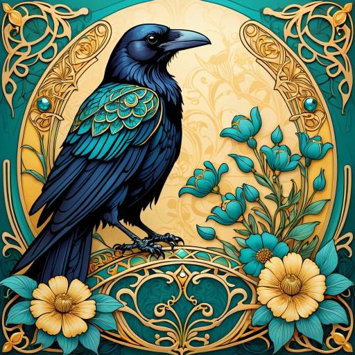 Majestic Raven Among Blooming Flowers