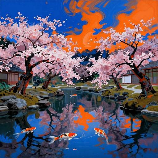 Vibrant digital painting of cherry blossoms, orange clouds, and koi fish in a reflective pond, with traditional Japanese houses in the background.