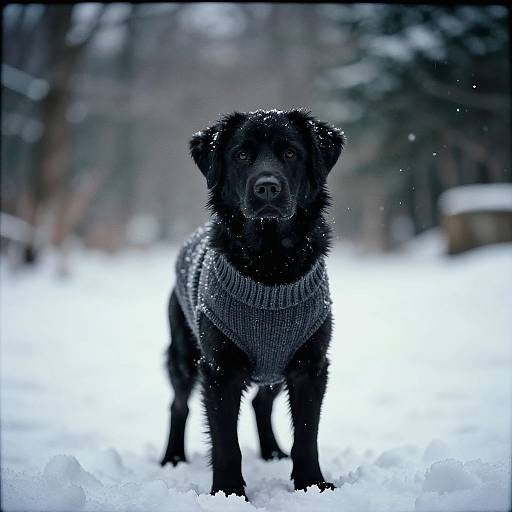 Photograph of a black dog wearing a gray knit sweater, standing in a snowy forest, with snowflakes gently falling.