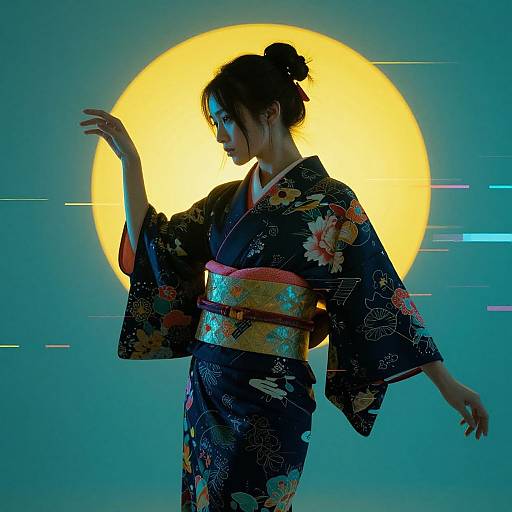 Silhouetted Japanese woman in floral kimono with yellow obi, raised hand, against glowing yellow sun backdrop, digital art style.