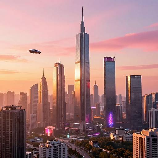 Photograph of a futuristic city skyline at sunset, featuring tall skyscrapers with neon lights, a drone in the sky, and a glowing purple light