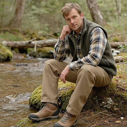 Photograph of a smiling Caucasian man with short brown hair, wearing a plaid shirt, gray vest, and beige pants, sitting on a mossy