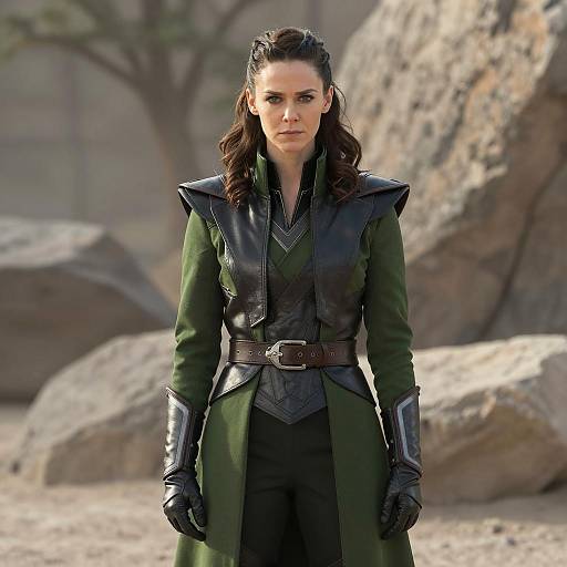 Female Warrior in Green Military-Style Robe