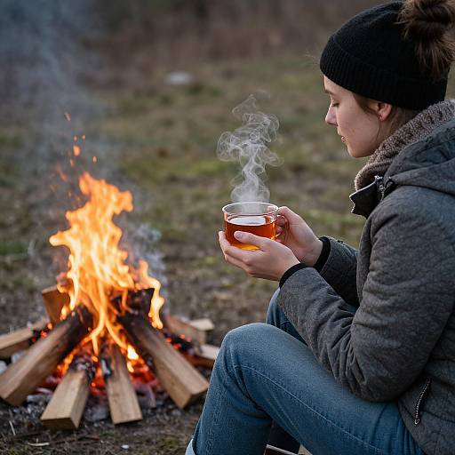 Photograph of a woman in a gray coat and black beanie, sitting by a wooden campfire, holding a steaming mug.