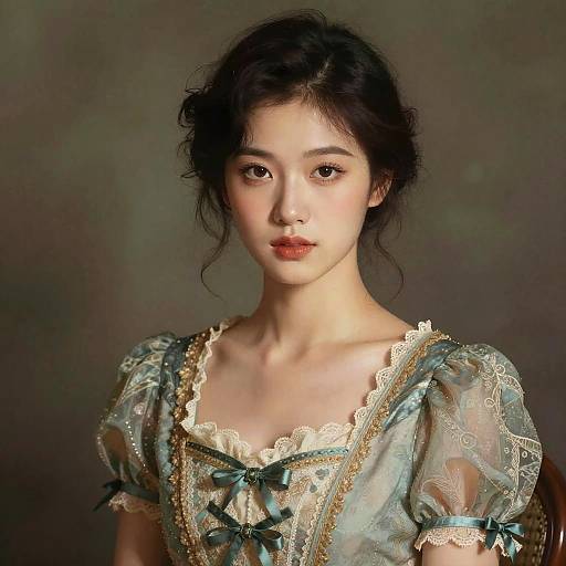 Photograph-style digital portrait of an East Asian woman with fair skin, dark wavy hair, and delicate features, wearing a lace-trimmed,