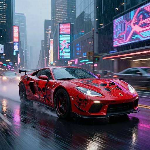 Photorealistic digital artwork of a red, rain-soaked, race-modified sports car speeding through a neon-lit, rainy city street at night