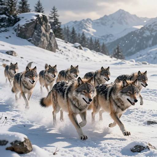 Photograph of a pack of wild gray wolves with thick fur running through a snowy mountain landscape, with evergreen trees and sunlit peaks in the background