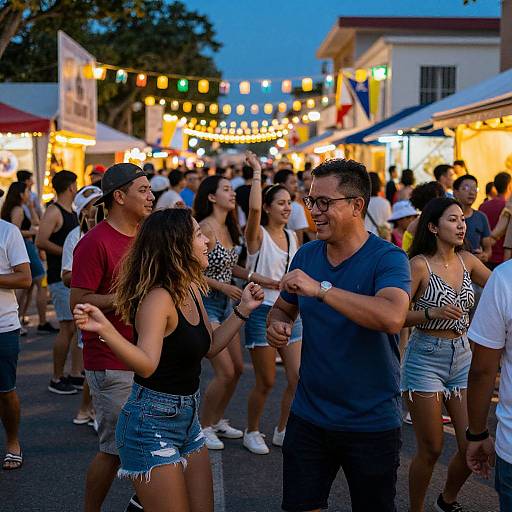 Photograph of a lively evening street dance event with diverse, casually dressed people dancing under colorful string lights and market stalls.