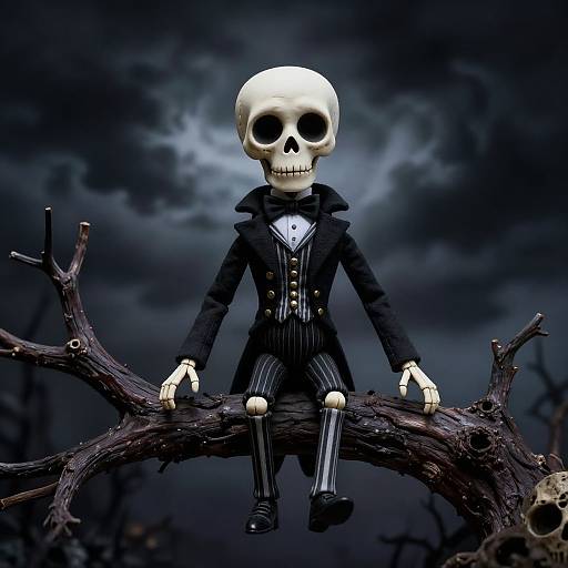 Digital art of Jack Skellington skeleton in a black pinstripe suit, sitting on a twisted tree branch, dark cloudy sky background.