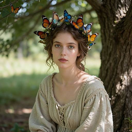 Photograph of fair-skinned, brown-haired woman with blue eyes, wearing a beige, lace-trimmed dress, crowned with colorful butterflies, standing