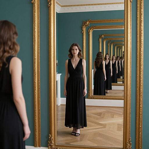 Photograph of a woman with wavy brown hair, wearing a black V-neck dress, standing in front of multiple gold-framed mirrors, reflecting her