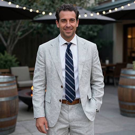 Photograph of a smiling man with dark curly hair in a light gray suit, white shirt, and navy striped tie, standing outdoors with string lights and