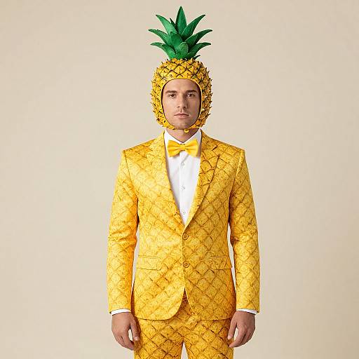 Photograph of a man in a yellow pineapple suit with a pineapple hat, white shirt, and yellow bow tie, standing against a plain beige background.