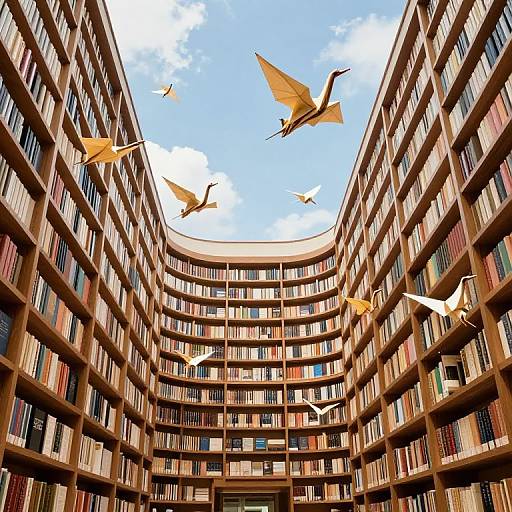 Photograph of a grand, curved library with towering wooden shelves filled with books, viewed from below, with large paper birds flying upwards against a bright blue