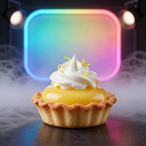 Photorealistic image of a lemon cupcake with whipped cream and yellow sprinkles, centered against a colorful, glowing neon background.