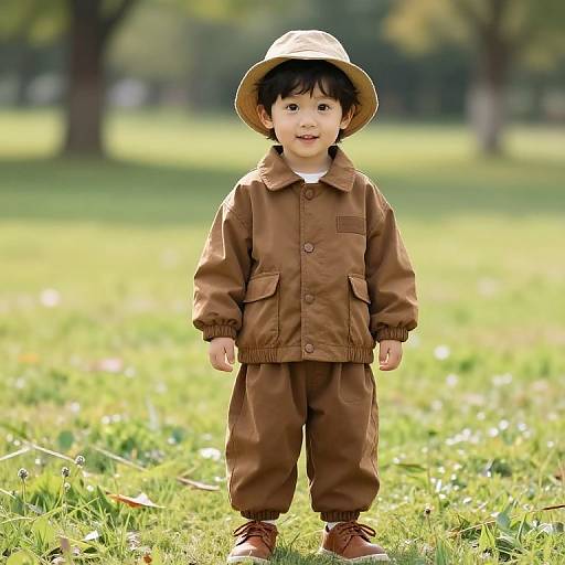 Confident Boy in Brown Outfit Meadow