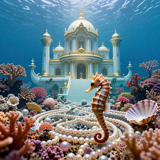 Underwater photograph of a grand, golden-domed temple surrounded by vibrant coral reefs and pearl-covered steps, with a striped seahorse in the foreground