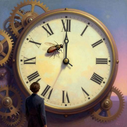 Digital artwork of a large, steampunk clock with gears, black Roman numerals, and an ant at 10 o'clock. A man in