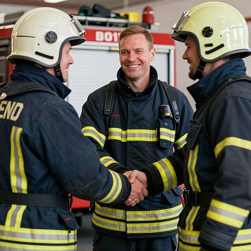 Photograph of three male firefighters in yellow helmets and black uniforms with yellow stripes, shaking hands and smiling in a fire station.