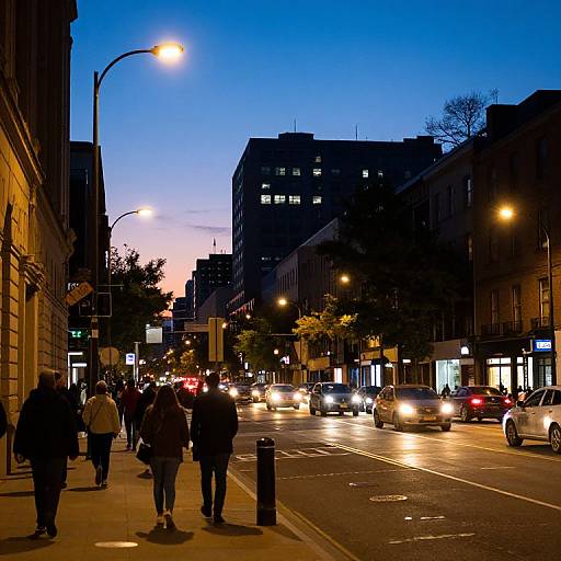 Photograph of a city street at dusk with pedestrians, cars, and illuminated buildings against a deep blue and orange sky.