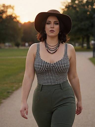 Photograph of a confident woman in a black and white checkered tank top, green high-waisted pants, black hat, and layered necklace,