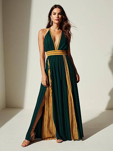 Woman in Green and Mustard Striped Halter Maxi Dress