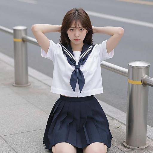 Young Asian Woman in Japanese School Uniform Kneeling on Sidewalk