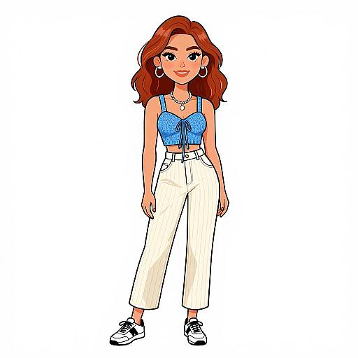 Digital cartoon of a red-haired woman with fair skin wearing a blue crop top, white high-waisted pants, black sneakers, hoop earrings, and