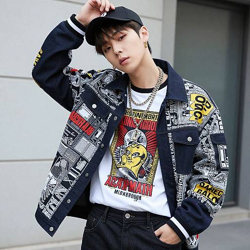 Young man in urban streetwear: black cap, white graphic tee, black jacket with white and yellow graphics, black pants, gold chains, urban background