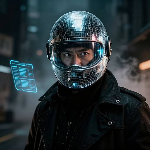 Cyberpunk photo: A man in a reflective silver mosaic helmet with a clear visor, dark jacket, and intense gaze, stands in a sm