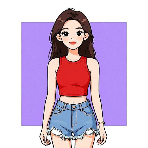 Digital anime-style drawing of a smiling young woman with long brown hair, wearing a red crop top and frayed blue denim shorts. She stands against a