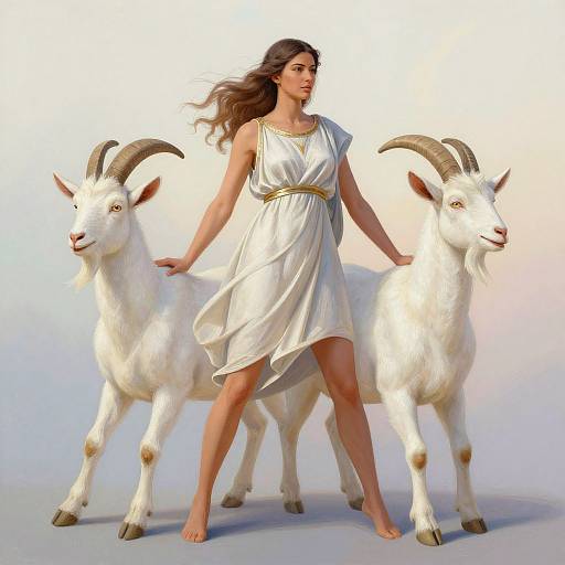 Digital artwork of a brown-haired woman in a white, gold-belted dress, standing barefoot between two white, horned goats against a gradient