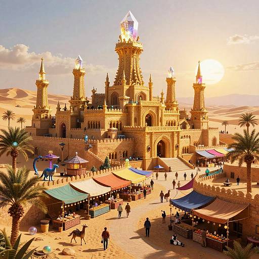 Vibrant digital illustration of a sunlit, desert castle with crystal-topped towers, surrounded by colorful market stalls, palm trees, and visitors.