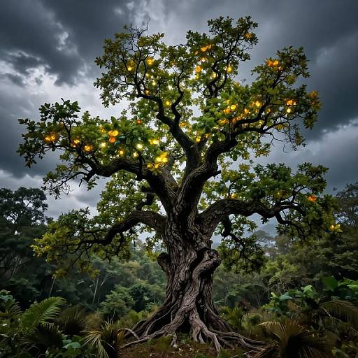 Photograph of a gnarled tree with glowing orange fruits, illuminated by fairy lights, against a dark, stormy sky in a lush, forest