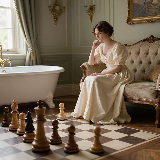 Photograph: Elegant woman in cream dress, seated on vintage sofa, ponders chessboard on floor, beside white bathtub, in softly lit, classical
