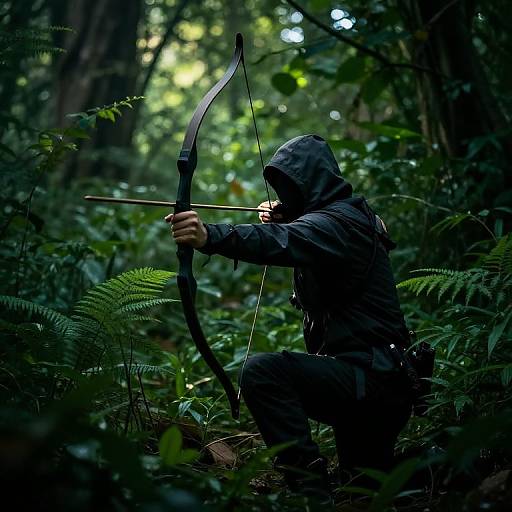 Photograph of a hooded archer in dark clothing crouching in a dense, green forest, aiming a black bow with focus.