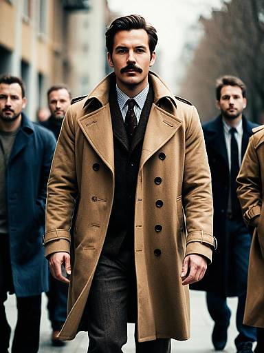 Stylish Man in Trench Coat with Mustache Walking Outdoors