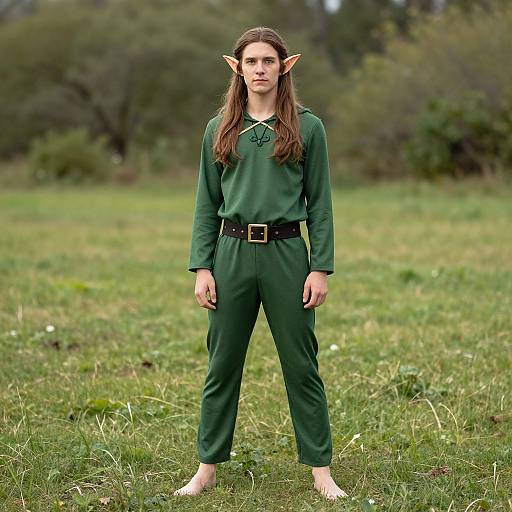 Photograph of a young woman with long brown hair, pointed elf ears, green medieval-style outfit, black belt, barefoot, standing in a grass