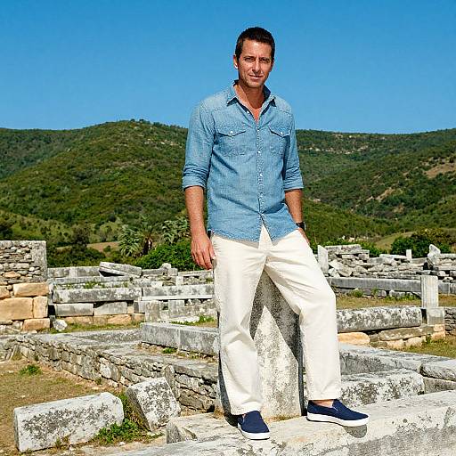 Photograph of a smiling man with short brown hair, wearing a blue denim shirt and white pants, standing on ancient ruins with a mountainous green landscape