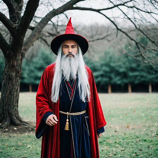 Man in Wizard Costume with Red Hat Outdoors