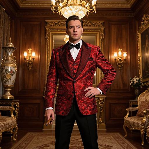 Photograph of a handsome man in a red and black patterned velvet suit, black bow tie, standing confidently in an opulent, wood-paneled