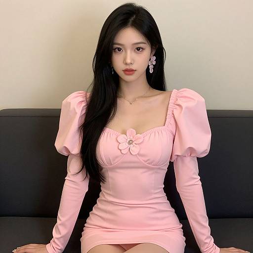 Photograph of an Asian woman with long black hair, wearing a pink, puffed-sleeve, form-fitting dress with a flower detail,