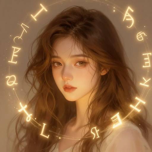 Digital portrait of a fair-skinned, brown-haired woman with soft, wavy hair and glowing eyes, surrounded by glowing, neon Zodiac signs. Warm